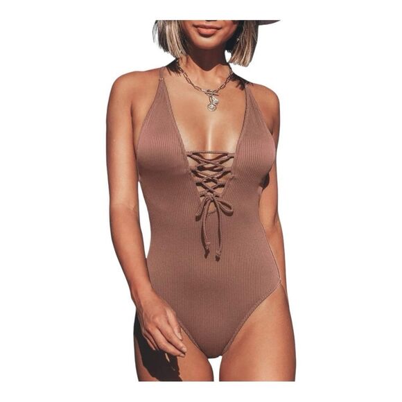 NWT CUPSHE Women's V neck Lace Up One Piece Swimsuit Size L - Picture 2 of 12